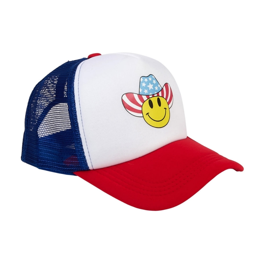 NWT Happy Cowboy Americana Patriotic Smiley Trucker Hat Red White Blue Mesh Back